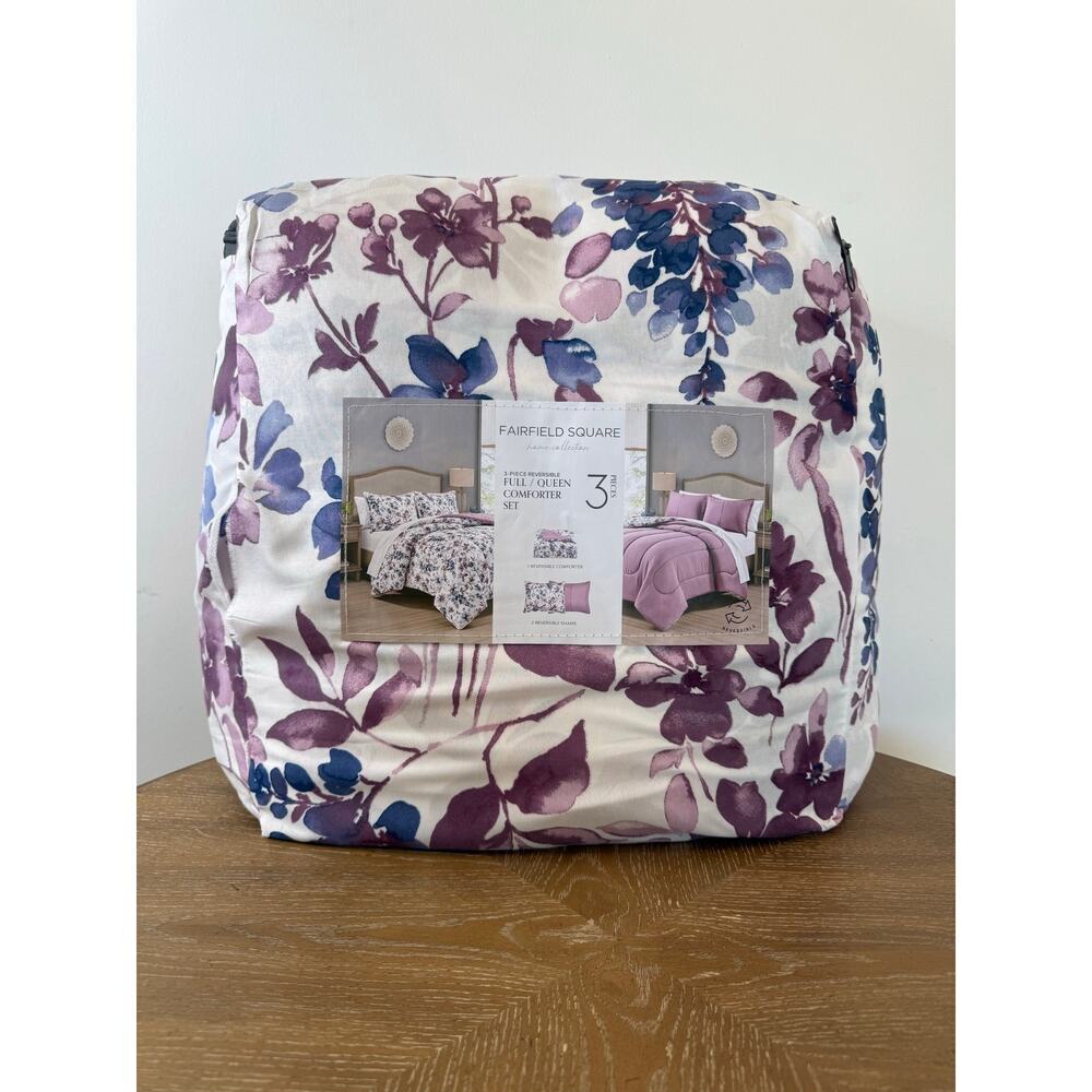 Fairfield Square 3-Piece Reversible Full/Queen Comforter Set Purple Floral NEW